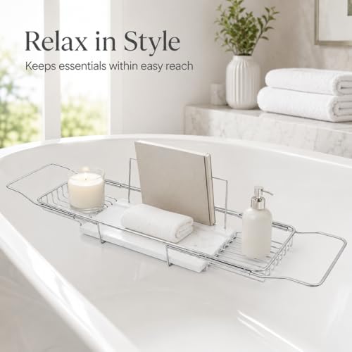 Expandable Bathtub Tray, Stainless Steel Bath Table Tray with Marble Board, Modern Luxury Bathtub Shelf for Bathrooms, Kitchen Sink (Silver+White) - color: Silver+white