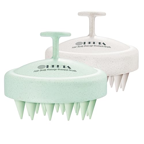 HEETA Scalp Massager Hair Growth 2-Pack, Silicone Scalp Scrubber Shampoo Brush for Exfoliation Dandruff Removal Head Massage Stress Relax, Wet & Dry Use for Women Men Hair Care, Wheat Straw Material - color: Light Green & Beige
