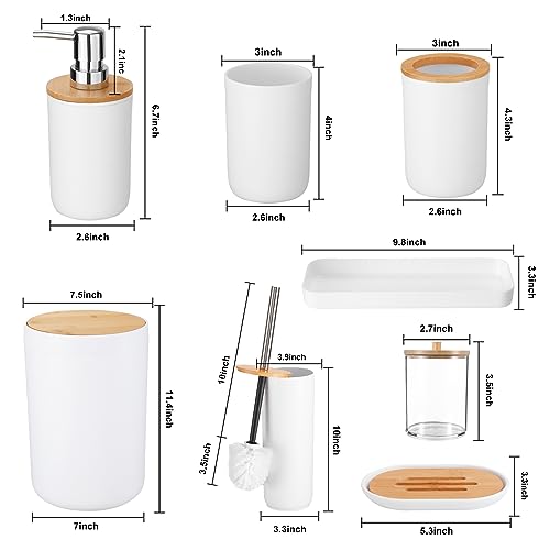 iMucci Bathroom Accessories Set with Trash Can,Toilet Brush,Toothbrush Holder, Lotion Soap Dispenser, Soap Dish,Toothbrush Cup,Qtip Holder(8Pcs White Wood Cover) - size: Bath Set, style: White