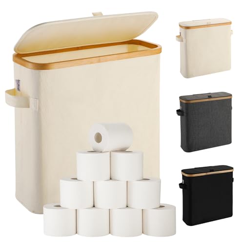 Toilet Paper Basket With Lid for Mega Rolls, Large Bamboo Organizer Holder Stand for Bathroom, Enclosed Tissue Storage Bin Box Container, Free Standing, Beige - size: For Mega/Small Size TP Roll