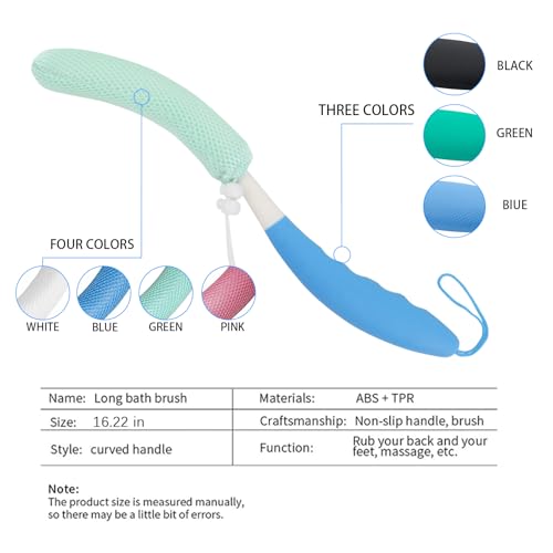 15.35" Back Bath Brush with Sponge,Back Scrubber Bath Mesh with Curved Long Handle Bath Body Brush for Elderly Aid Bathing and Shower - size: Black+Blue Handle