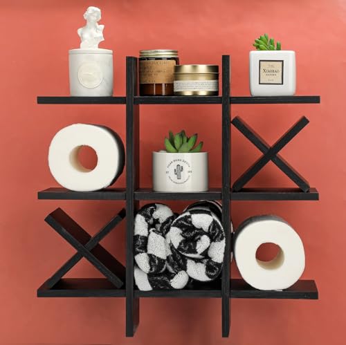 Weysat Tic Tac Toe Toilet Paper Holder Stand Bathroom Wall Decor Rustic Wooden Hanging Storage Freestanding Wall Mounted Shelves Decor for Toilet Tissue Farmhouse - color: Black