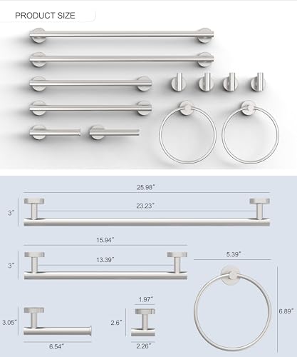 12 Pcs Brushed Nickel Bathroom Accessories Set, HOMEMYSTIQUE SUS304 Stainless Steel Bathroom Hardware Set, Bath Towel Bar Set, Toilet Paper Holders, Towel Rings Racks, Robe Towel Hooks - color: Brushed Nickel, size: 12 Pieces