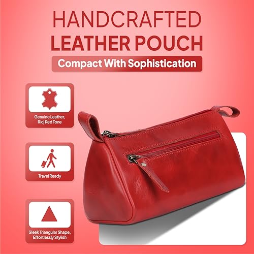 Leather Makeup Bag for Women – Genuine Leather Cosmetic Bag Travel, Handmade Zippered Makeup Pouch, Small Toiletry Bag, Shaving Kit & Stationery Organizer- Red - color: Red