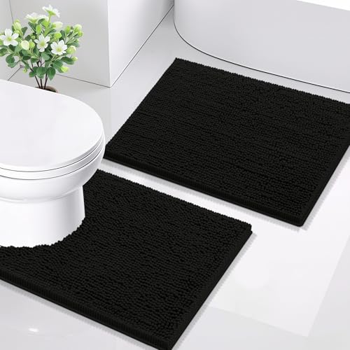 Smiry Bathroom Rugs Set 2 Piece, Soft Absorbent Chenille Bath Mat and U-Shaped Toilet Rug Set, Non Slip Shaggy Bath Carpet for Tub, Shower and Floor (24x16+24x20, Black) - color: Black, size: 24"x16"+ U Shape 24"x20"