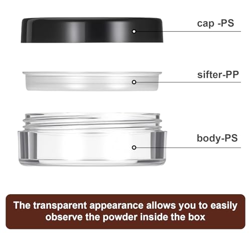2PCS 10ml/0.34oz Refillable Loose Makeup Containers, Plastic Empty Travel Compact Case, Small Cosmetic Jars with Rotatable Sifter and Black Screw Lid, No Leak Loose Face Compact Case for Foundation
