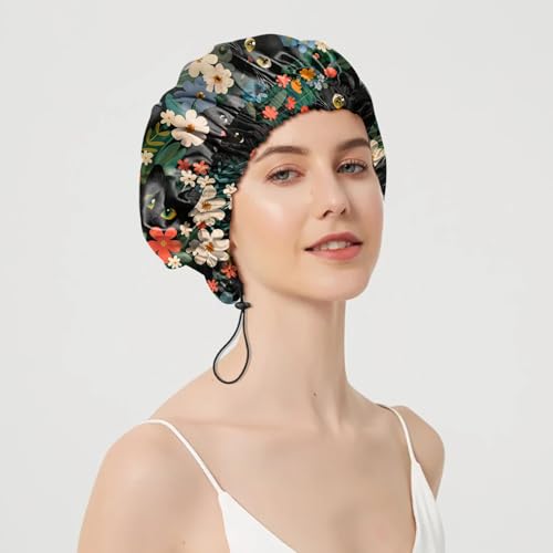 2 PCS Shower Cap Adjustable Reusable Double Waterproof Layer Elastic Hair Bath Cap Cute Aesthetic for Women Girls-Cats - color: I24-Cats
