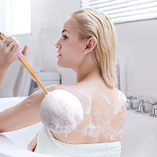 AmazerBath Shower Sponge Loofah Back Scrubber, PE Soft Mesh Loofah Body Scrubber with Long Wooden Handle, Bath Sponge for Men Women (Pink) - style: Pink