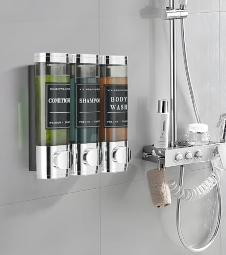 Shower Soap Dispenser Wall Mounted No Drill Shampoo Dispenser for Shower Wall Shampoo and Conditioner Dispenser Bathroom Hotel 3 * 300ml Chrome 1 - color: Chrome