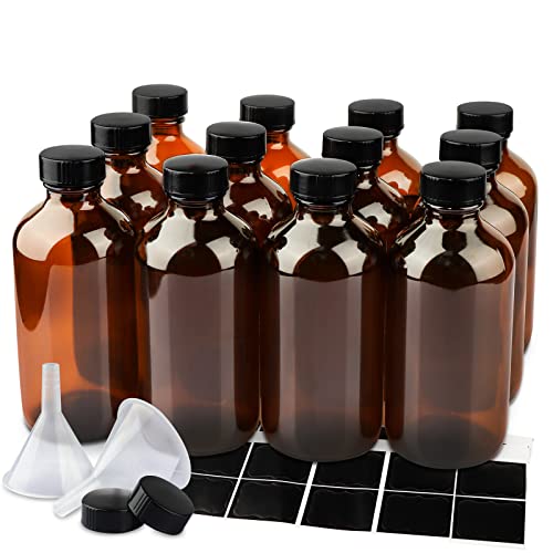 PINIWON 12 Pack 8 oz Amber Glass Bottles, 240ml Boston Round Sample Bottles with Black Poly Cone Caps, Labels and Funnels - color: Amber-12 pack