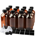 PINIWON 12 Pack 8 oz Amber Glass Bottles, 240ml Boston Round Sample Bottles with Black Poly Cone Caps, Labels and Funnels - color: Amber-12 pack