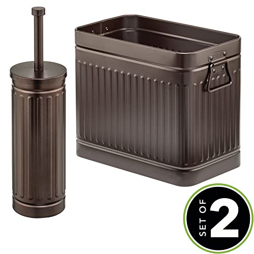 mDesign Metal Compact Toilet Bowl Brush, Rectangle Wastebasket, Garbage Can/Recycling Bin Combo for Bathroom Cleaning/Storage, Holds Tissue, Cotton Balls, Trash, Set of 2 - Bronze