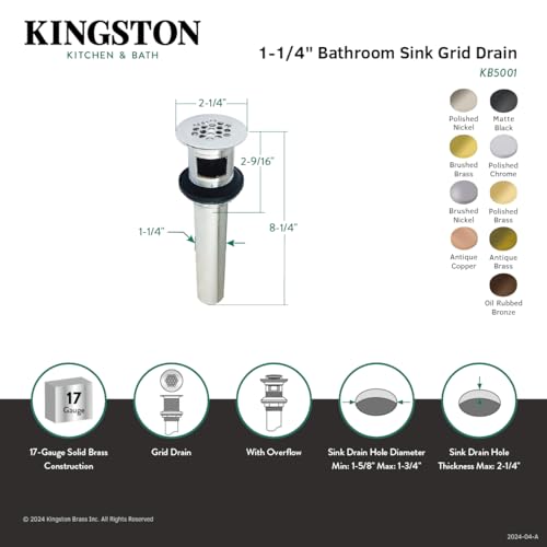 Kingston Brass KB500AC Grid Drain with Overflow, Antique Copper - color: Antique Copper