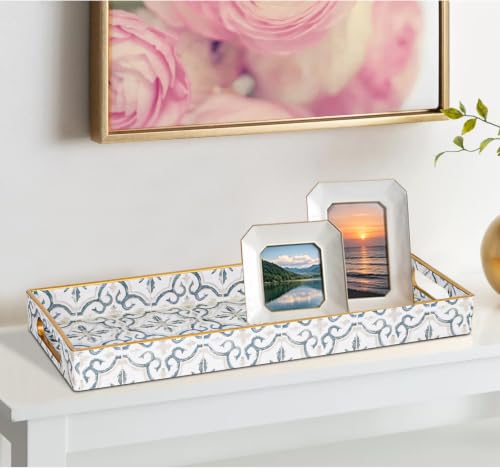 MAONAME White Decorative Tray, Plastic Serving Tray with Handles, Rectangular Moroccan Trays, Long Narrow Trays for Bathroom, Kitchen Counter, 13.8" X 6" X 1.57" - color: White-moroccan