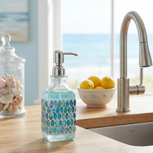 BOPPIE Handcrafted Mosaic Glass Soap Dispenser, Modern Countertop Hand & Dish Soap Dispenser for Bathroom/Kitchen, Refillable Liquid Soap Bottle with Stainless Steel Rust Proof Pump (Mosaic Blue) - color: Mosaic Blue