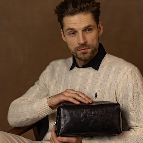 Time Resistance Leather Toiletry Bag - Italian Cosmetic Case Dopp Kit (Black) - color: Black