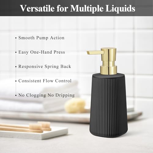 Black and Gold 2 Pack Hand Soap Dispensers Set with No Rust Pump for Bathroom and Kitchen Countertops Refillable Matte Striped Plastic 8.5 oz - color: Black and Gold Set of 2