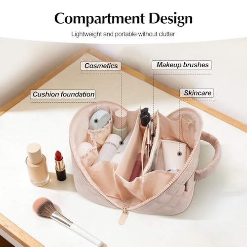 honitty Makeup Bag, Quilted Makeup Bag, Puffy Travel Make up Bags, Cosmetic Organizer Bag, Waterproof Toiletry Bag for Women - color: Khaki