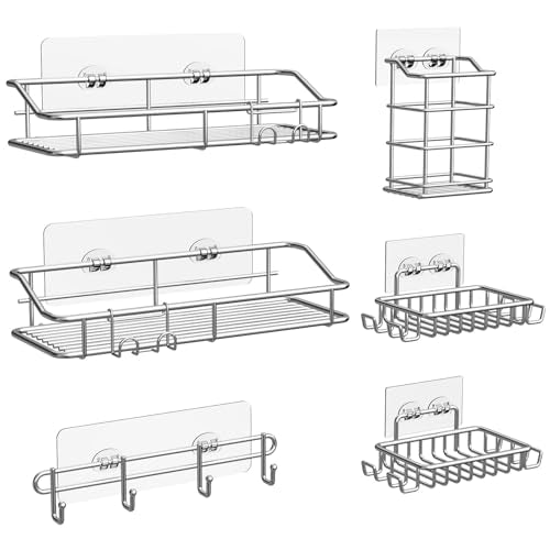 Nieifi Shower Caddy Shelf with Hooks Storage Rack Organizer Adhesive Stainless Steel without Drilling for Bathroom, Lavatory, Washroom, Restroom, Shower, Toilet, Kitchen (Sliver, 6 Pack) - color: A-Silver, size: 6 Pack
