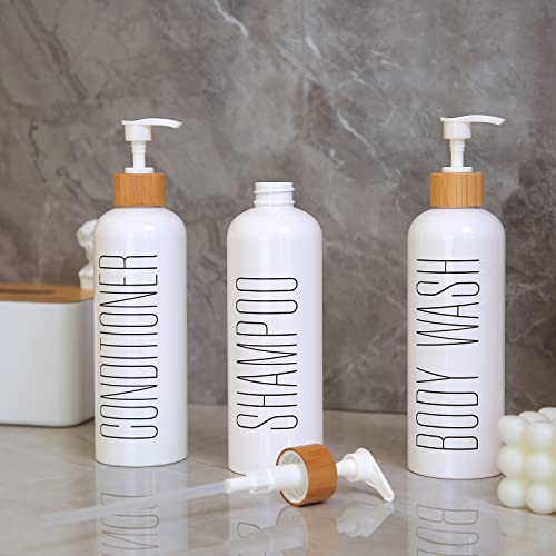 HOMCDALY Shampoo and Conditioner Dispenser, 16oz 3-Pack Refillable Shampoo and Conditioner Bottles, Empty Shampoo Bottles Refillable with Bamboo Pump, Bathroom Shower Shampoo Dispenser Set - color: White&bamboo Pump