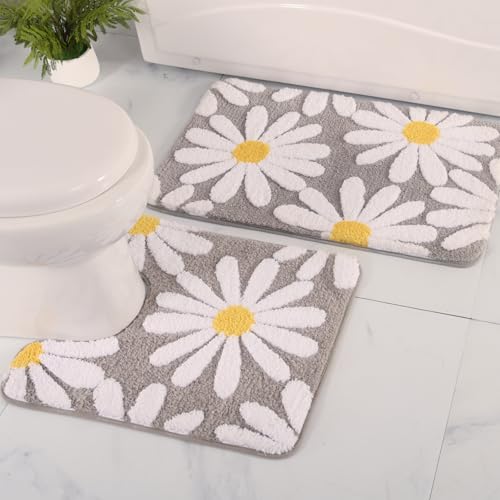 QJHOMO Bathroom Rug Set 2 Piece, Cute Daisy Bath Mat Gray Toilet Rug U Shaped, Flower Deocr Bathroom Set Non Slip Contour Bathmat, Super Absorbent Microfber Floor Mats Machine Washable Carpets - color: Grey, size: 1'8" x 2'8" (Rectangular & U-Shape)