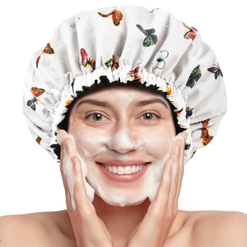Shower Cap for Women Terry Lined Bath Cap Large Reusable Waterproof Elastic Band Butterfly Shower Caps for Long Thick Hair Soft Bath Shower Hair Caps - color: Colorful Butterfly