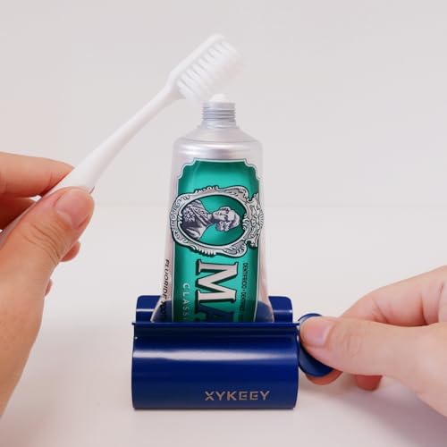 XYKEEY Toothpaste Tube Squeezer - Set of 2 Toothpaste Squeezer Rollers, Metal Toothpaste Tube Wringer Seat Holder Stand (Blue) - color: Blue