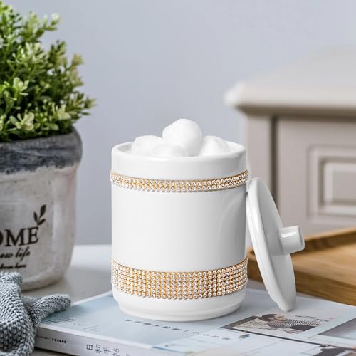 RQYIXI Bathroom Accessories Set with Diamonds 5 Pieces Toothbrush Holder Soap Dispenser Ceramic Bathroom Accessory Set Contain Cotton Swab Jar Toothbrush Cup Soap Dish Tumbler - color: White-set With Diamonds