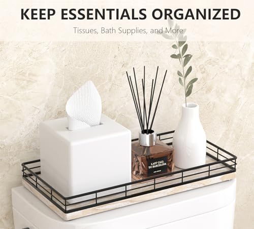 Toilet Paper Basket Organizer, Ash Wood Toilet Tank Tray with Metal Frame | Bathroom Counter Top Storage for Toilet Paper, Wipes & Decor, Modern Narrow Back of Tank Shelf Organizer, Black & Whitewashed - color: Black & Whitewashed, size: 13" x 6.5" x 2"