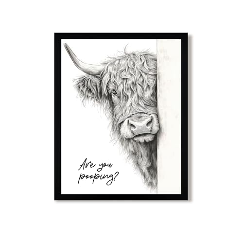 Urmoya Black and White Funny Highland Cow Bathroom Wall Art, Rustic Farmhouse Wall Decor with Humorous Are You Pooping Canvas Print, Cute Animal Art Prints Ready to Hang 8x10 Inch Wood Framed - color: Cow, size: 10"L x 8"W