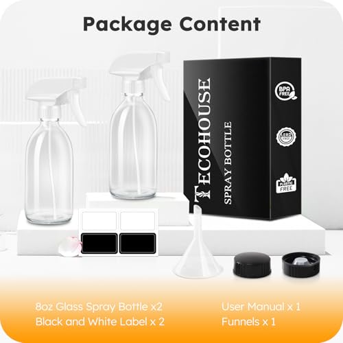 Tecohouse Glass Spray Bottle 8 oz, Clear Small Empty Refillable Sprayer Container with Labels, Funnel, Lids, Graduated Pipettes - Handheld Size - color: Clear White Lids
