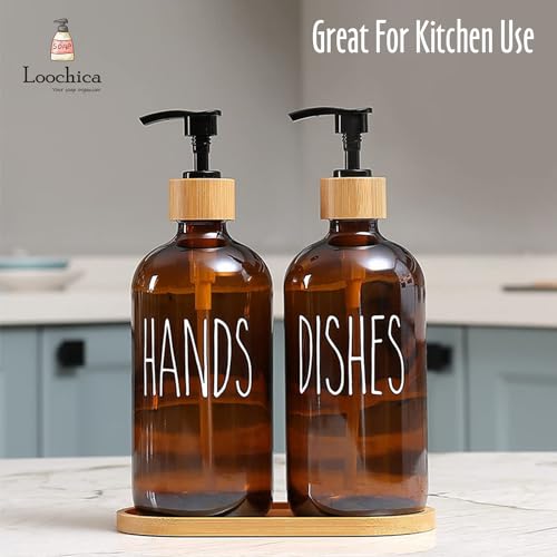 LOOCHICA Amber Glass Soap Dispenser Set with Tray, Amber Dish and Hand Soap Dispenser Set, Refillable Reusable Apothecary Soap Pump Dispenser Bottles for Bathroom and Kitchen - color: A04-2xamber