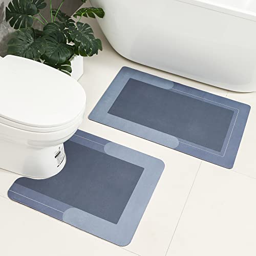 HelloTree 3PCS Bath Mat Rug Rubber Non Slip Quick Dry Rug Sets Super Absorbent Thin Bathroom Rugs Fit Under Door Blue Washable Bathroom Floor Mats for in Front of Bathtub, Shower Room, Sink - color: Blue, size: 20" X 32" + 20" X 47"+ U Shape 20" X 24"