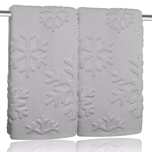 2 Pack Christmas Snowflake Hand Towels 100% Cotton Jacquard Holiday Kitchen Dish Towels Retro Neutral White Bathroom Towels Set Gift Seasonal Xmas Winter Bathroom Decor (Grey Snowflake) - color: Grey Snowflake