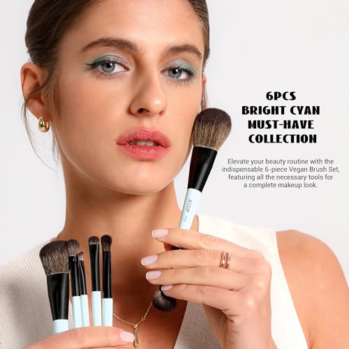 Jessup Makeup Brush Set 6pcs Double Sided Makeup Brushes Foundation Contour Blush Highlight Blending Eyebrow Brush Eyeshadow Brush, Vegan Fiber Make up Brush Bright Cyan T501 - style: T501-6pcs