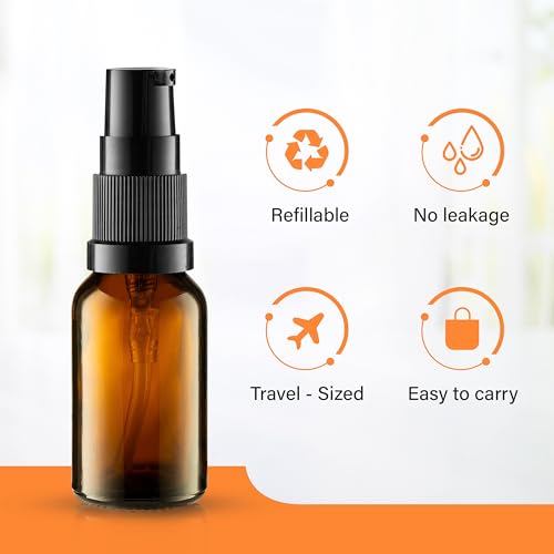 VitalUp 12 Pack Empty Refillable Glass Amber Pump Bottle Ideal for Lotion Cream Essential Oil Travel Small Container, 15ml - size: 12 Pack (15ml)