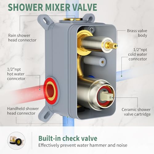 SunCleanse Rainfall Shower System Brushed Nickel Ceiling Mounted Shower System Combo Set with High Pressure 12 Inches Square Rain Shower Head Handheld and Shower Faucet Rough-in Mixer Valve and Trim - color: Brushed Nickel, style: 12-ceiling
