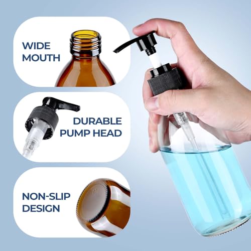 8 oz Glass Pump Bottle, 250ml Small Lotion Dispenser Bottle for Body Massage Oil, Refillable Empty Hand and Dish Soap Dispensers Set with Storage Caps, Labels - Amber & Clear, 2 Pack - color: Clear & Amber