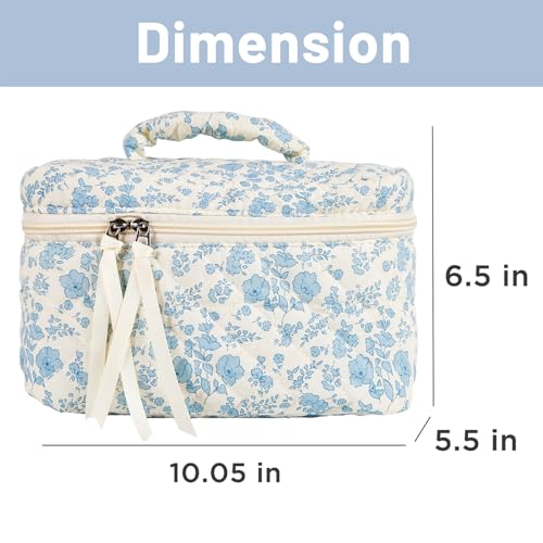 Sminra Makeup Bag Large Travel Quilted Cosmetic Makeup Bag Organizer, Floral Cotton Coquette Aesthetic Toiletry Bag for Women Girls (Blue Floral-L) - color: Blue Floral-L