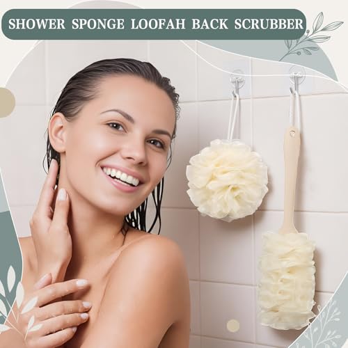 4 Pcs Back Scrubber Showers Set Bath Sponge Loofah Back Scrubber for Men Women Bathing Accessories Includes 1 Long Handled Shower Sponge 1 Bath Shower Luffa Pouf 2 Hooks to Hang Stuff