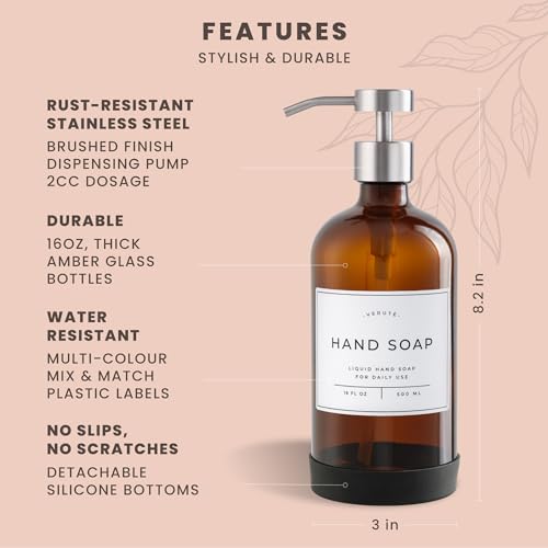 Hand and Dish Soap Dispenser for Kitchen and Bathroom, Set of 2 16 Oz Glass Bottles, Stainless Steel Pumps, Non-Slip Silicone Base, 27 Waterproof Labels (Amber Bottle/Brushed Silver Pump) - color: Amber Bottle / Brushed Silver Pump