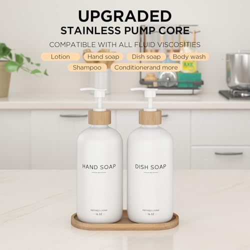Hand and Dish Soap Dispenser Set,16oz Glass Bottles with Bamboo Pumps & Tray,Countertop Soap Dispensers for Kitchen,Luxury, Minimalist & Farmhouse Decor - color: Hand Dish (White)
