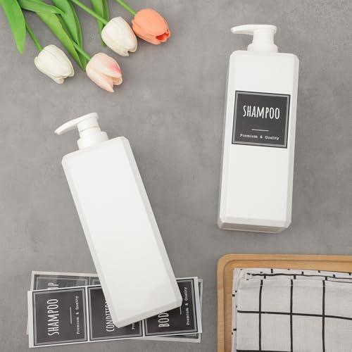 Segbeauty 33.8oz Plastic Soap Dispenser Bathroom, 2pcs Sqaure Body Wash Container Empty, 1000ml White Leakproof Hand Soap Dispenser, Large Pump Bottles for Shampoo and Conditioner with Labels - color: White, style: 2pcs