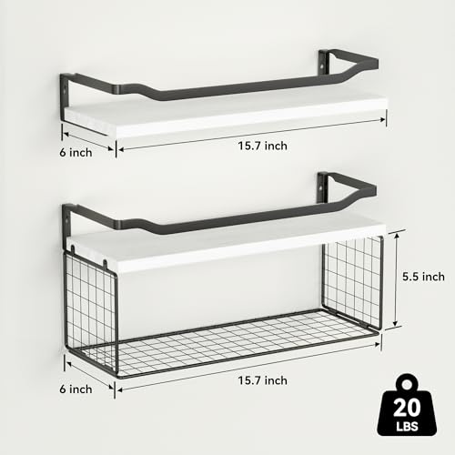 WOPITUES Floating Shelves with Wire Storage Basket, Bathroom Shelves Over Toilet with Protective Metal Guardrail, Wood Wall Shelves for Bathroom Organizers and Storage, Toilet Paper-White - color: White