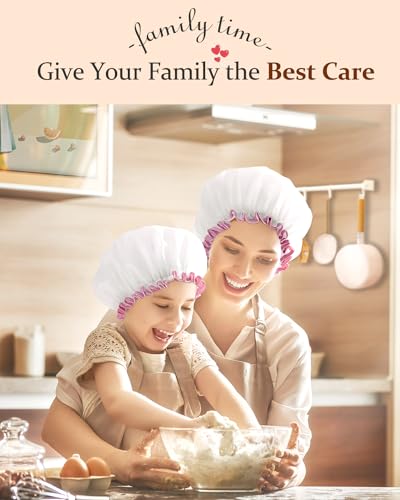 mikimini White Shower Cap Pack of 2 Waterproof Reusable Double Layers Bathing Hair Caps with Soft Comfortable PEVA Lining, Cute, Non-fading & Stretchy Shower Hat Medium White - color: White+Pink Lace, size: Medium (Pack of 2)
