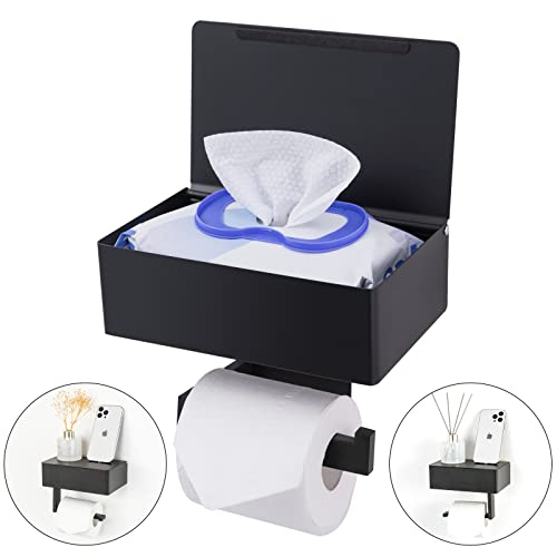 Adhesive Toilet Paper Holder with Shelf and Storage, Wall Mount Toilet Paper Roll Holder & Flushable Wipes Dispenser Set Fits Any Bathroom, Stainless Steel Tissue Holder-Square, Matte Black - color: Black Square