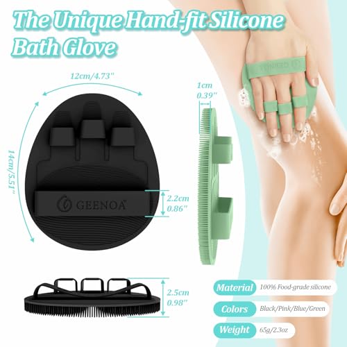 New Silicone Shower Scrubber with Straps, 360° Anti-Slip & Enlarged Body Scrubber for Rich Foaming Deep Cleaning, Revolutionary No-Grip & Hand-fit Bath Glove for All Skin Types(Black+Green) - color: Black+green