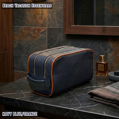 Mens Toiletry Bag, Premium PU Leather Travel Kit, Metal Zippers & Bottom Studs, Velvet Dust Bag & Shape-Retention Packaging – Gift Ready For Groomsmen, Anniversary, Birthday Gifts/ NAVY/ORANGE - color: NAVY BLUE/ORANGE