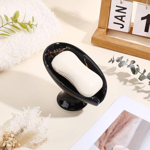 WADORN Soap Dish, Leaf-Shape Self Draining Soap Dish Holder Bar Soap Holder Black and Gold Marble Pattern Ceramic Draining Soaps Tray Porcelain Decorative Soaps Dishes for Sink Bathroom Shower Kitchen - color: Black
