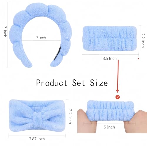Headband for Washing Face and Wristband Set, Blue | Soft absorbent fabric, snug head-hugging fit for face washing, skincare, makeup, masks, travel, women and teen girls - color: Blue